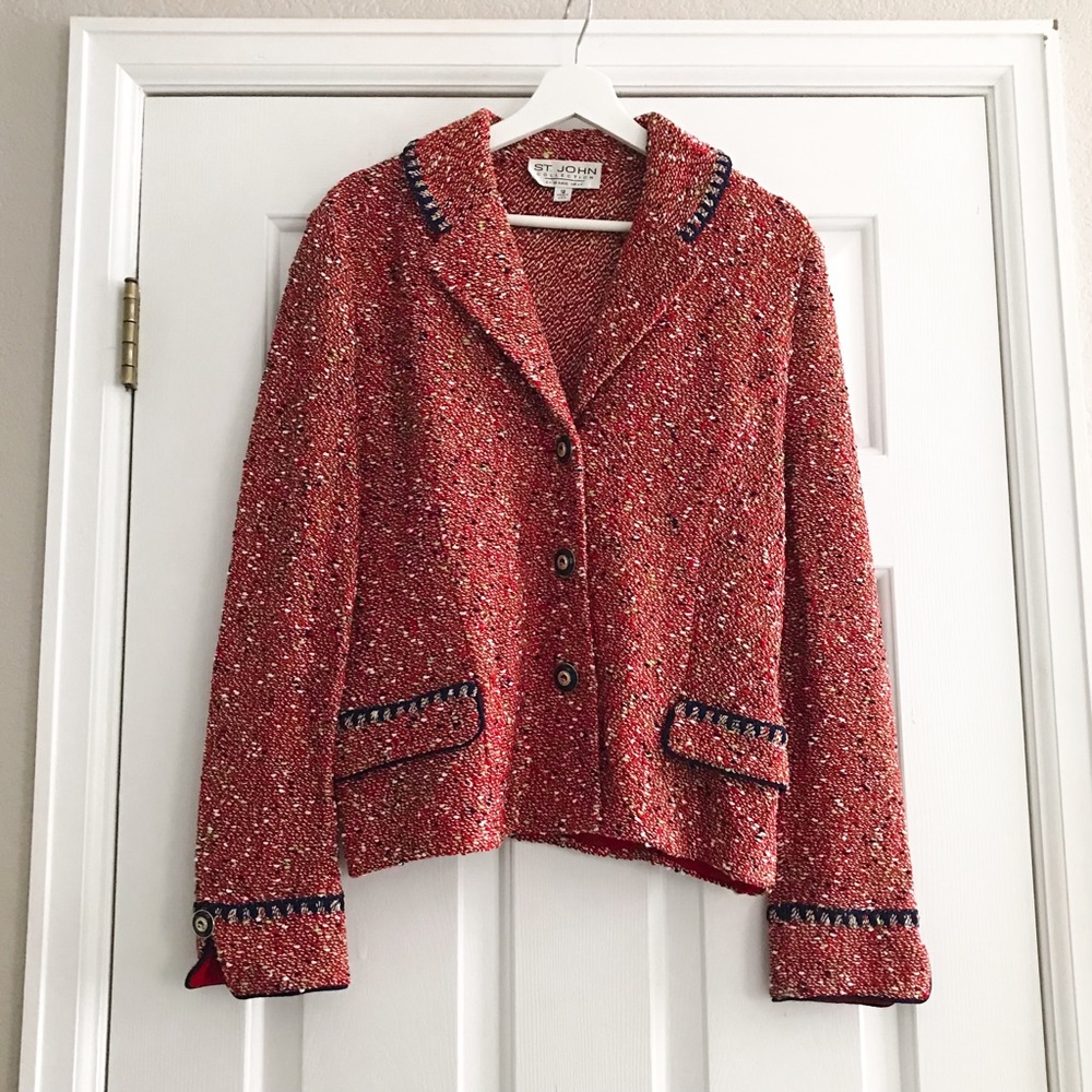 St. John Red Tweed Wool Blend Jacket with Navy Trim